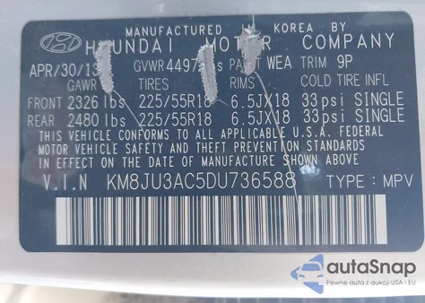 2013 Hyundai Tucson Limited z USA, uszkodzony, nr VIN KM8JU3AC5DU736588